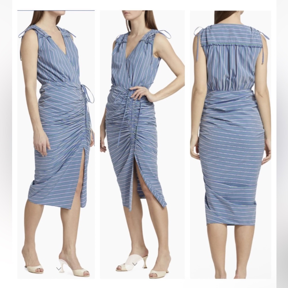Veronica Beard Teagan Striped Linen Ruched Wrap Midi Dress